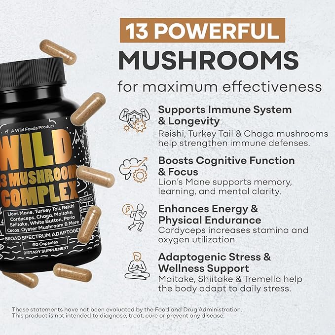 Wild Foods Premium Mushroom Supplement Complex | 10:1 Mushroom Extract 13 Organic Mushrooms: Lions Mane, Turkey Tail, Reishi & More Adaptogenic Mushrooms for Energy, Brain & Immune Health(60 Capsules)