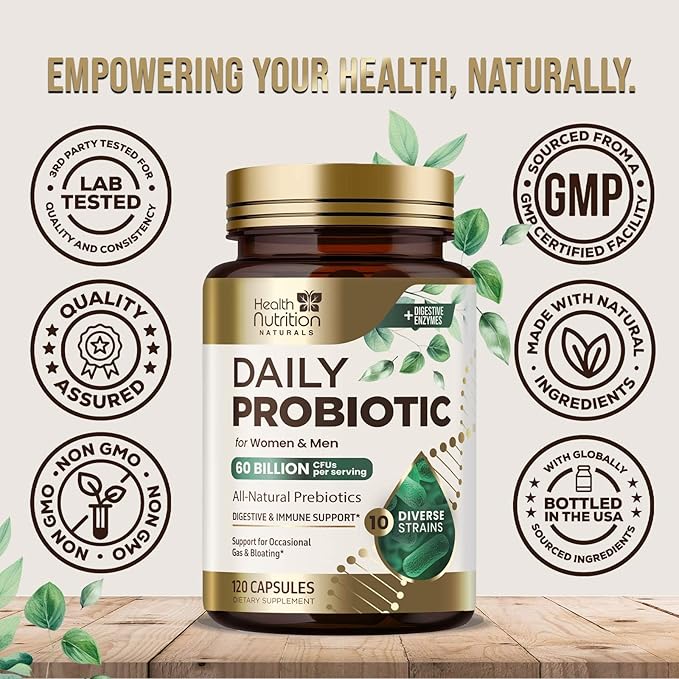 Probiotics 60 Billion CFU + 10 Strains - Daily Probiotic for Immune, Digestive & Gut Support, Prebiotics and Probiotics Supports Occasional Constipation, Gas & Bloating for Women & Men - 120 Capsules