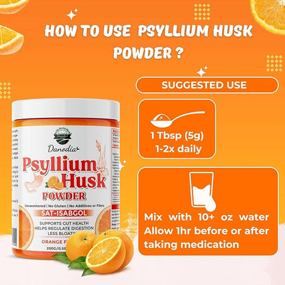 Danodia Foods Organic Psyllium Husk Powder Mild Orange Flavor, 200g (8.8oz) | Sat-Isabgol with 5 Added Herbs | Unsweetened, Gluten-Free, Natural Fiber Supplement for Digestive Health