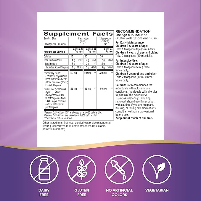 Nature's Way Sambucus Elderberry Immune Syrup for Kids Ages 2+, with Echinacea & Propolis, Daily Immune Support*, Vegetarian, Berry Flavored, 4 Fl Oz (Packaging May Vary)