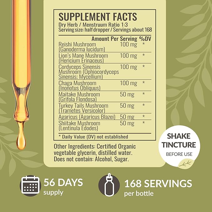 HERBAMAMA Super Immune Mushroom Supplement - Vegan 8-Mushroom Complex Blend with Reishi, Lion's Mane, Cordyceps & Chaga Extract - Non-GMO, Alcohol-Free, Sugar-Free Immunity Drops, 56-Day Supply