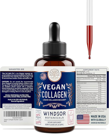 WINDSOR BOTANICALS Vegan Collagen Builder Liquid Supplement - Collagen Booster with Vitamin C, Biotin, Hyaluronic Acid & Amino Acids - Organic Fruit & Vegetable Blend - 60ml, 30 Day