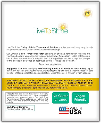 Live To Shine Ginkgo Biloba Patch - 30 Gingko Transdermal Patches - One Month Supply for Women and Men - USA Made