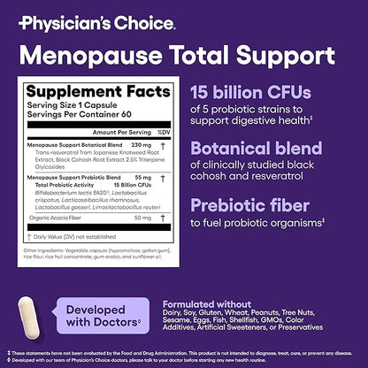 Physician's CHOICE Menopause Probiotic Supplement for Women - Supports Hormone Balance, Hot Flashes, Night Sweats, Weight Management, Bloating & Gut Health - with Black Cohosh, Resveratrol+ - 60ct