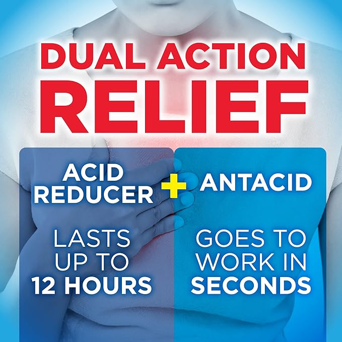Amazon Basic Care Dual Action Complete, Chewable Acid Reducer Plus Antacid Tablets, Berry Flavor, Heartburn Medicine, Acid Indigestion Relief, 50 Count (Pack of 2)