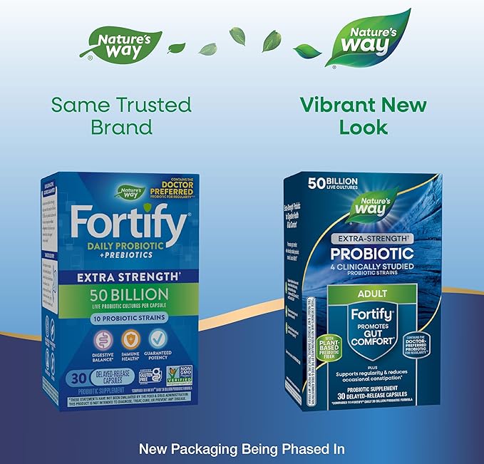 Nature's Way Extra Strength(1) Fortify Probiotic, Prebiotics, 50 Billion Live Cultures, Digestive and Immune Health Support*, 30 Capsules (Packaging May Vary)