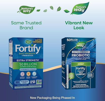 Nature's Way Extra Strength(1) Fortify Probiotic, Prebiotics, 50 Billion Live Cultures, Digestive and Immune Health Support*, 30 Capsules (Packaging May Vary)
