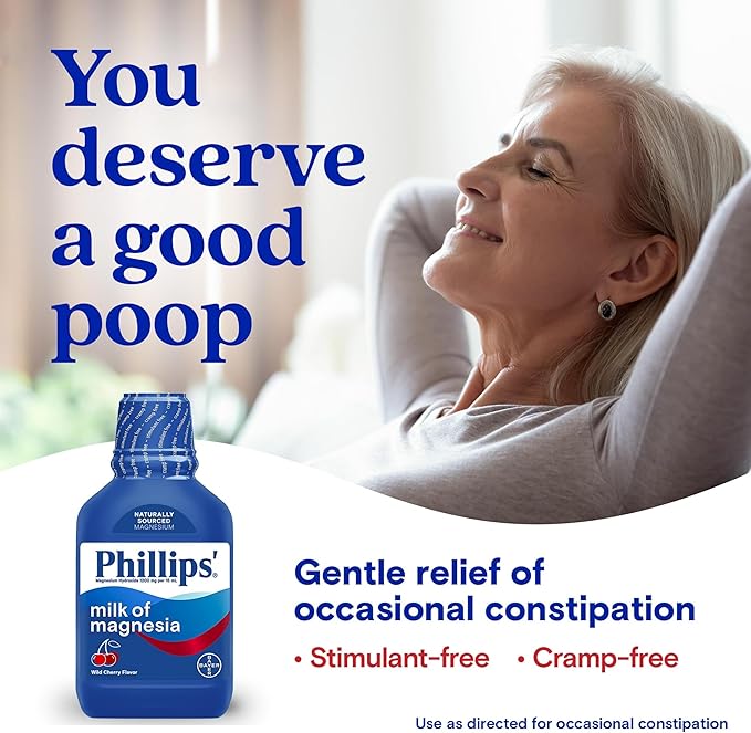 Phillips’ Milk of Magnesia Liquid Laxative, Wild Cherry Flavor, Stimulant Free, Cramp Free Relief of Occasional Constipation*, Effective in 30 minutes - 6 hours, #1 Milk of Magnesia Brand, 26 oz
