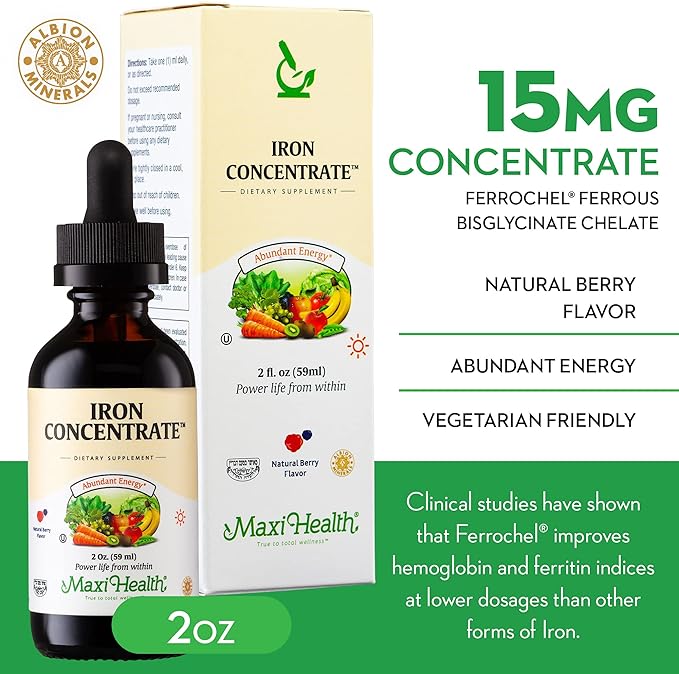 Maxi Health Women, Men and Kids Liquid Iron Supplement - 15 mg Per ML Berry Flavored - High Potency - Easy to Mix for Immediate Absorption - Increase Energy Without Nausea - 2 fl Ounces