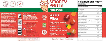 SmartyPants Kids Multivitamin & Fiber Gummies: Prebiotic Fiber to Support Kids Digestion with Vitamin D3, C, Vitamin B12, B6, A, Zinc, Biotin, Folate, Three Fruit Flavors, 90 Count (30 Day Supply)