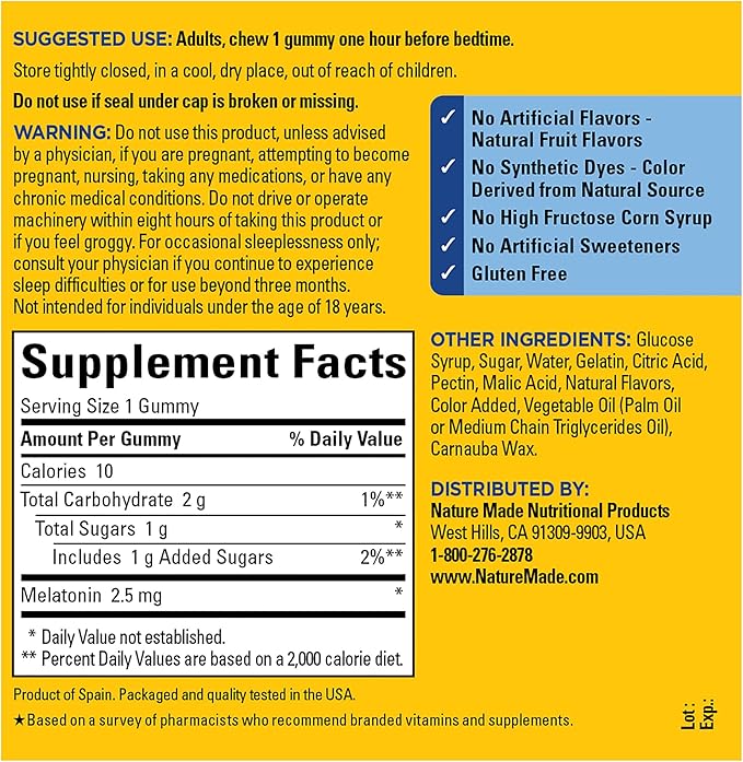 Nature Made Melatonin Gummies 2.5 mg, 100% Drug Free Sleep Aid for Adults, Melatonin Supplement 130 Count, 130 Day Supply