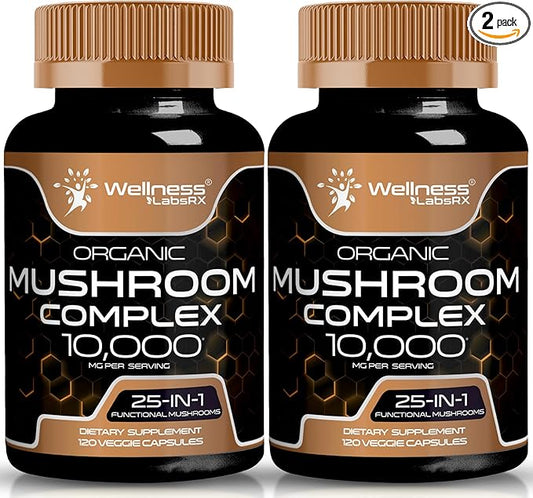 Mushroom Supplement Capsules 10:1 Extract, Mushroom Complex Capsules 1000mg, Lions Mane Supplement with Turkey Tail, Cordyceps, Reishi - 2 Pack
