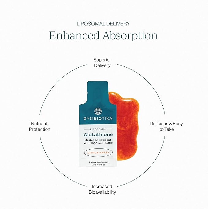 CYMBIOTIKA Liposomal Glutathione Supplement – PQQ, CoQ10 & Antioxidants for Detox, Brain, Energy, Immune Support – Advanced Absorption for Cellular Health & Longevity, Citrus Berry, 2 Month Supply