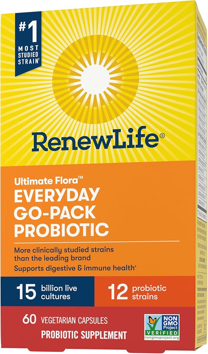 Renew Life Everyday Go-Pack Probiotic Capsules, Daily Supplement Supports Urinary, Digestive and Immune Health, L. Rhamnosus GG, Dairy, Soy and gluten-free, 15 Billion CFU, 60 Count
