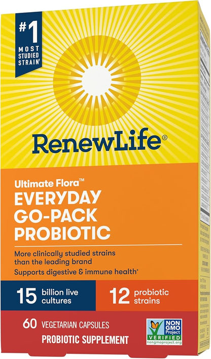 Renew Life Everyday Go-Pack Probiotic Capsules, Daily Supplement Supports Urinary, Digestive and Immune Health, L. Rhamnosus GG, Dairy, Soy and gluten-free, 15 Billion CFU, 60 Count
