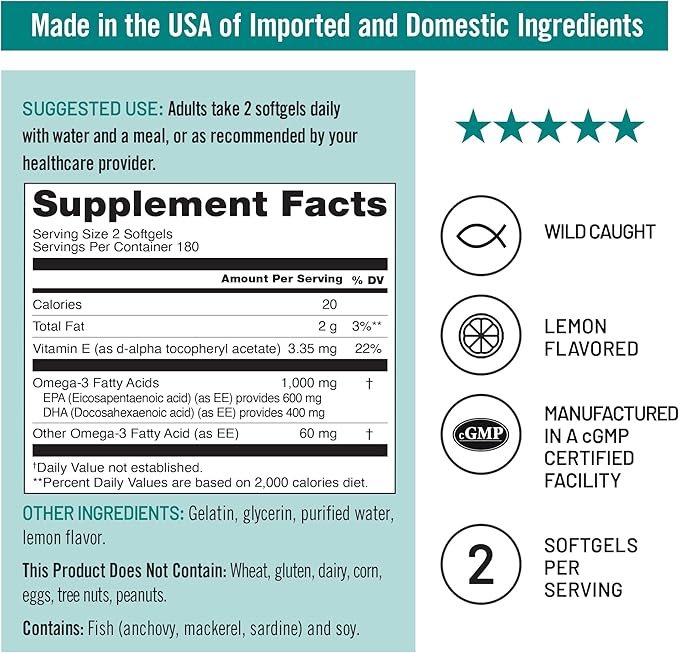 NatureWise Extra-Strength Omega 3 Fish Oil Supplement - 1000mg per Serving - 600 EPA & 400 DHA and Vitamin E - Support for Heart & Brain Health - Lemon Flavor, GMO-Free - 360 Softgels[6-Month Supply]
