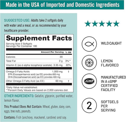 NatureWise Extra-Strength Omega 3 Fish Oil Supplement - 1000mg per Serving - 600 EPA & 400 DHA and Vitamin E - Support for Heart & Brain Health - Lemon Flavor, GMO-Free - 360 Softgels[6-Month Supply]