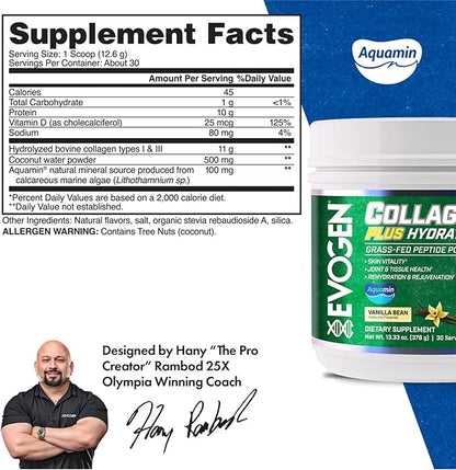 Evogen Collagen Plus Hydration - Grass-Fed Collagen for Women & Men | Collagen Peptides Powder | Collagen Powder Supporting Skin Vitality, Hydration, Joint & Tissue Health | Vanilla Bean | 30 Servings