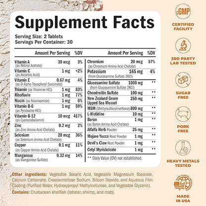 Glucosamine Chondroitin MSM Joint Support Supplement with Glucosamine Sulfate 1000 mg Plus 15 Nourishing Joint Complex Vitamins - Premium Joint Health MSM Supplement for Women and Men - 60 Tablets