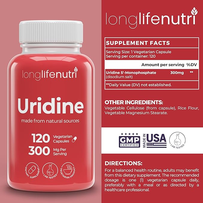 Uridine Monophosphate 300mg – Choline Precursor & Synaptic Function, Nootropic for Focus & Mental Performance, 120 Vegetarian Capsules, 4-Month Supply, GMP Certified, Made in USA