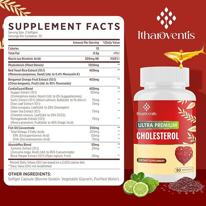 Cholesterol Supplements with Plant Sterols, Niacin, Red Yeast Rice, Bergamot, Omega-3 & Garlic - Max Absorption - 270 Softgels