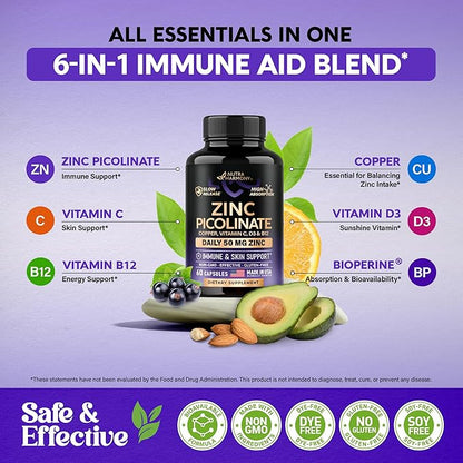 Zinc Picolinate 50mg - Zinc Supplement with Copper, Vitamin D3 & B12 - Stomach Friendly | Slow Release - Immune Support & Skin Health - High Absorption with BioPerine & Vitamin C - 60 Capsules