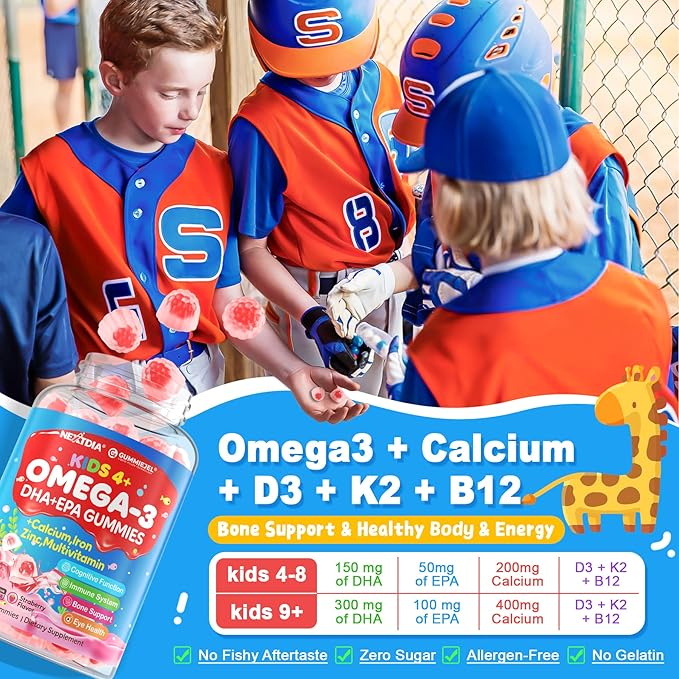 Omega 3 Gummies (EPA/DHA) for Kids 4+, Kids Multivitamin A B1 B2 B12 C D3 K2, Calcium, Iron, Zinc, Selenium, lodine for Brain Cognition, Eye, Bone, Energy, Immune, No Fish Taste, Sugar Free