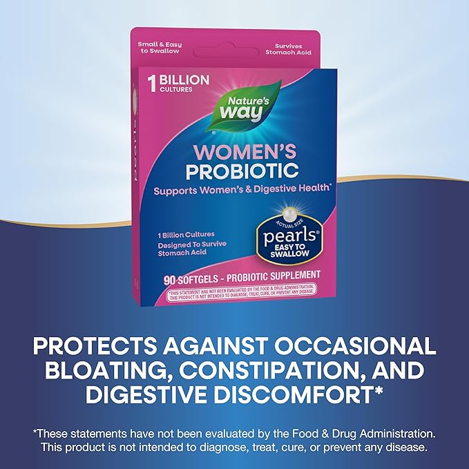 Nature's Way Women's Probiotic Pearls, Supports Women's and Digestive Health*, Protects Against Occasional Constipation & Bloating*, 1 Billion Live Cultures, 90 Softgels (Packaging May Vary)