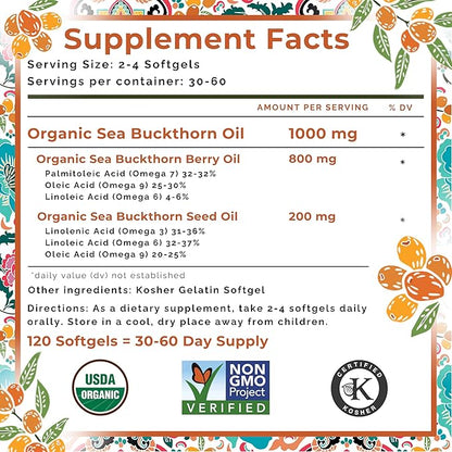 Organic Sea Buckthorn Oil, Omega-7 Complete Softgels, 120 Count, with Omega 3, 6 & 9, Supports Hair, Skin & Nail Health, 1000mg per Serving