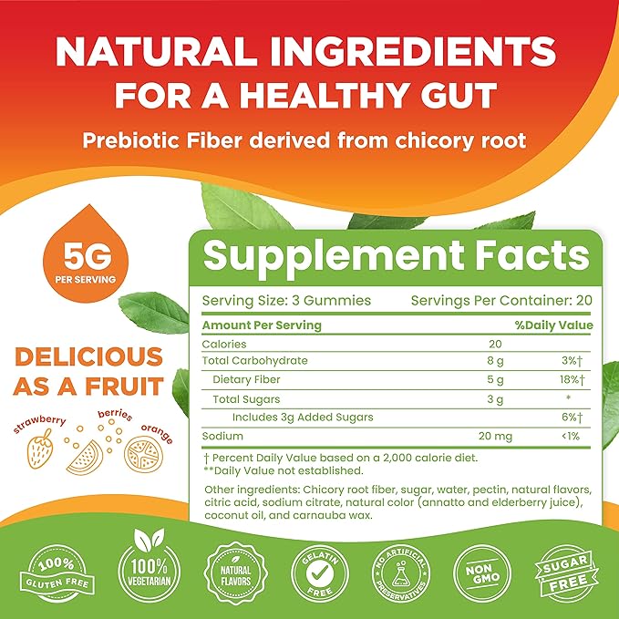 Prebiotic Fiber Gummies for Adults and Kids [15g Inulin Fiber from Chicory Root] for Digestive Health, Bloating, Constipation Relief │Natural Flavoured Berry & Orange Gummy Supplement