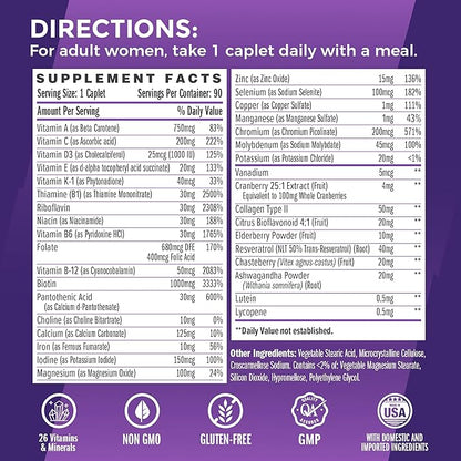 Vitamin World Ultra 360 Multivitamin for Women One Daily, Women's Multivitamin with Collagen, Ashwagandha & Antioxidants, Supplement with Vitamin A, B, C & D for Energy & Immune Support, 90 Caplets