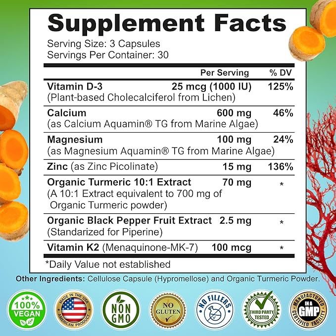 Plant-Based Calcium 600mg (Aquamin) – Vegan Calcium Magnesium Zinc D3 with Vitamin K2 & Organic Turmeric – Enhanced Bone and Muscle Health & Strength, Immune Support for Women & Men - 90 Count