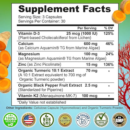 Plant-Based Calcium 600mg (Aquamin) – Vegan Calcium Magnesium Zinc D3 with Vitamin K2 & Organic Turmeric – Enhanced Bone and Muscle Health & Strength, Immune Support for Women & Men - 90 Count