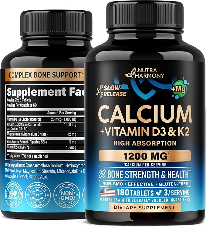 Calcium Supplement for Women - Calcium 1200 mg with Vitamin D3 & K2 - Bone Health, Strength & Density - High Absorption, Slow Release - Made in USA - Citrate & Carbonate Form - 180 Tablets for 2 Month