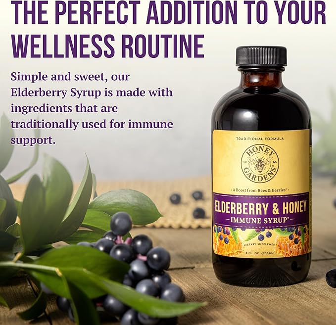 Honey Gardens Elderberry & Honey Immune Syrup - Black Elderberry Syrup for Adults & Kids, Natural Throat Defense Wellness Supplement with Propolis & Organic Apple Cider Vinegar - 8 Fl Oz