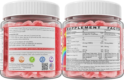 Kids Vitamin D3 K2 + Calcium Gummies (Made in USA) for Adults, 1000IU/2000IU D3 + K2(MK-7) with Magnesium & Algal Omega 3(EPA/DHA) for Bones Teeth Muscles Brain, Low-dose Vitamins, Sugar-Free,60 Chews