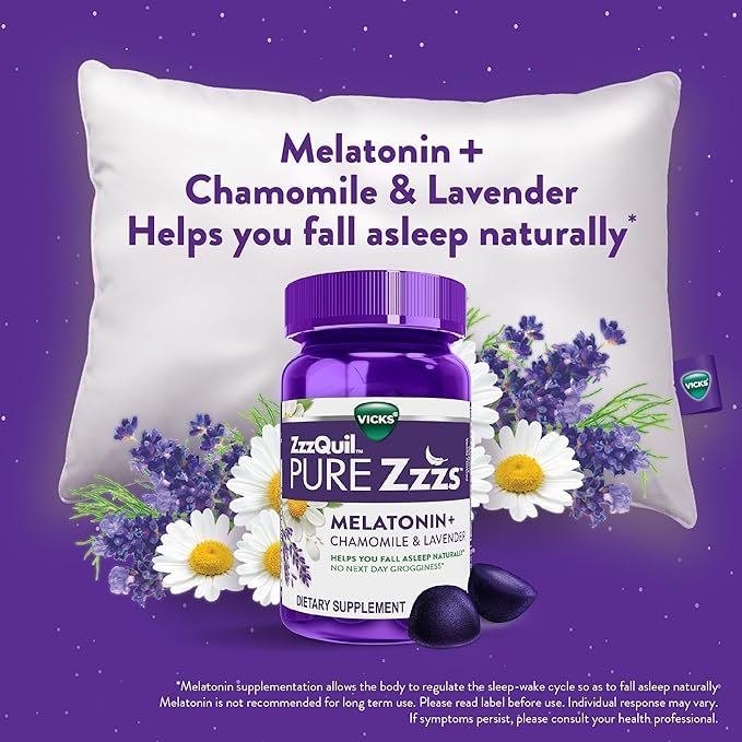 ZzzQuil Pure Zzzs, Melatonin Sleep Aid Gummies with Lavender, Valerian Root and Chamomile, Natural Wildberry Vanilla Flavor, Non-Habit Forming, Drug-Free, 48 Count (Pack of 3)