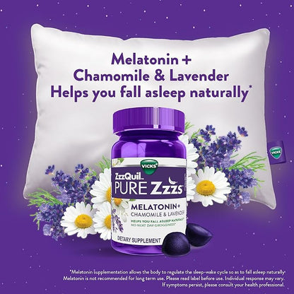 ZzzQuil Pure Zzzs, Melatonin Sleep Aid Gummies with Lavender, Valerian Root and Chamomile, Natural Wildberry Vanilla Flavor, Non-Habit Forming, Drug-Free, 48 Count (Pack of 3)