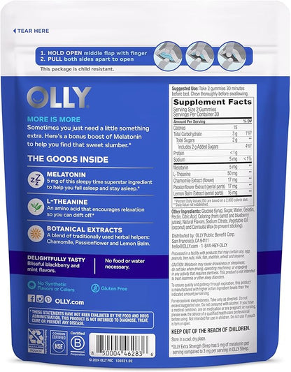 OLLY Extra Strength Sleep, 5 mg Melatonin L-Theanine, Chamomile and Botanicals - 60ct Pouch