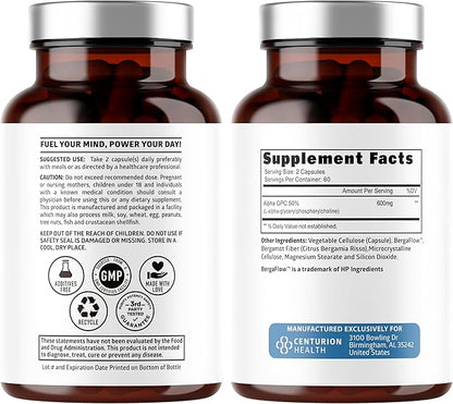 Number One Nutrition Premium Alpha GPC Choline Capsules 600mg, Natural Brain Supplement to Support Focus, Memory, Clarity and Energy, 120 Veg Caps