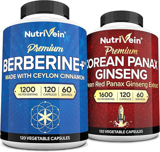 Nutrivein Premium Korean Panax Ginseng Supplement & Berberine Supplements Bundle: High-Absorption Berberine Complex & Genuine Red Ginseng Bundle for Daily Clarity, Vitality, & Wellness