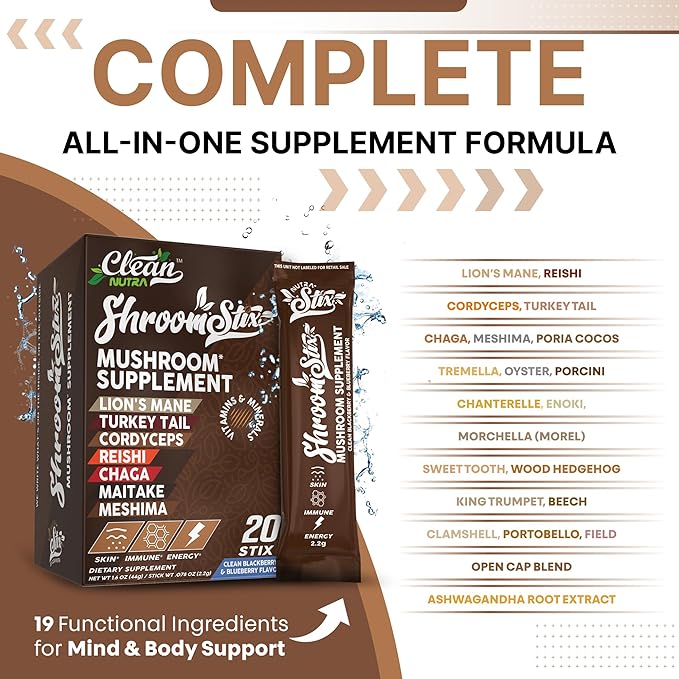 Clean Nutraceuticals Lions Mane 24in1 Mushroom Supplement with Turkey Tail Reishi Cordyceps Chaga Maitake Shiitake Enoki Oyster Porcini Tremella – 20 Easy to Take Shroom Stix