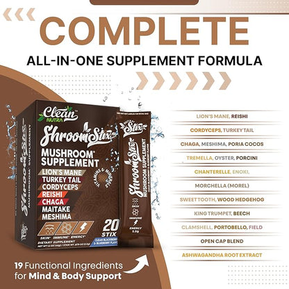 Clean Nutraceuticals Lions Mane 24in1 Mushroom Supplement with Turkey Tail Reishi Cordyceps Chaga Maitake Shiitake Enoki Oyster Porcini Tremella – 20 Easy to Take Shroom Stix