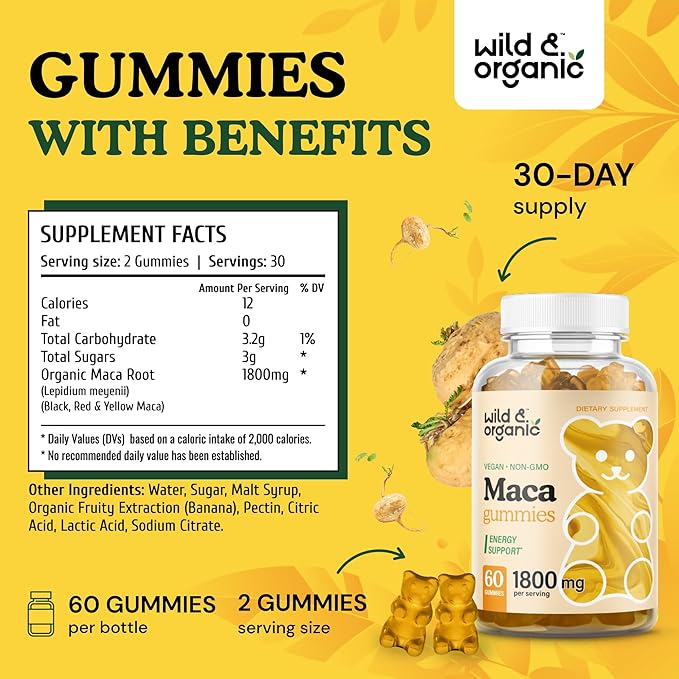 Wild & Organic Maca Root Gummies 1800mg - Yellow, Red, Black Maca Powder Chews for Overall and Mood Support - Peruvian Supplement for Men and Women - 60 Vegan, Non-GMO Gummies