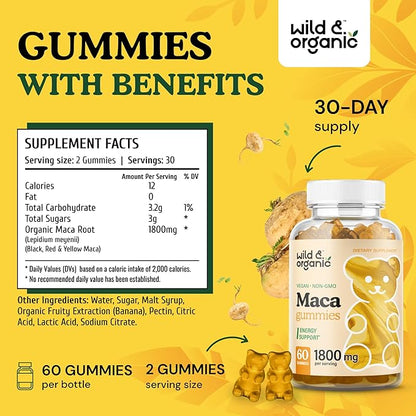 Wild & Organic Maca Root Gummies 1800mg - Yellow, Red, Black Maca Powder Chews for Overall and Mood Support - Peruvian Supplement for Men and Women - 60 Vegan, Non-GMO Gummies