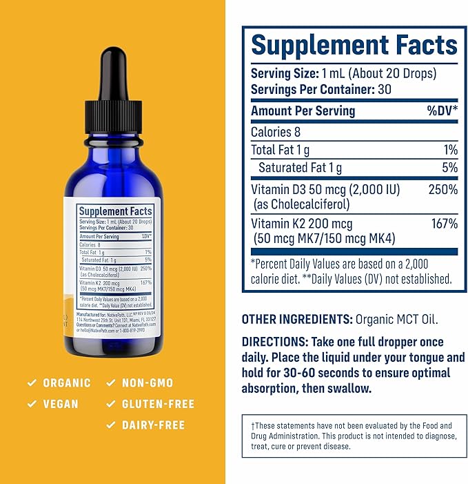 NativePath D3K2 Tincture - 2000IU Vitamin D3 and Vitamin K2 Supplement with Organic MCT Oil - 1 Fluid Ounce - Rapid Bioavailability Multi-Vitamin for Bone Strength and Total Body Wellness, 30 Servings