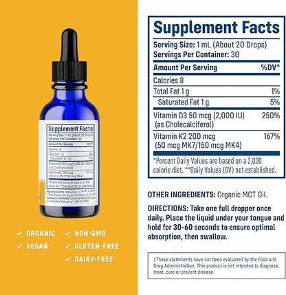 NativePath D3K2 Tincture - 2000IU Vitamin D3 and Vitamin K2 Supplement with Organic MCT Oil - 1 Fluid Ounce - Rapid Bioavailability Multi-Vitamin for Bone Strength and Total Body Wellness, 30 Servings