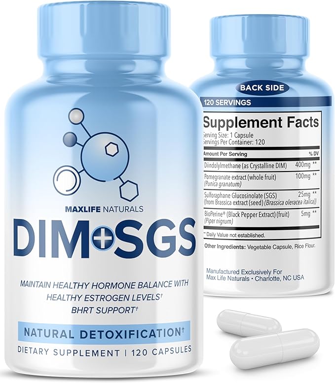 DIM SGS + with Detox Support – DIM Supplement Menopause Support for Women - Dim with Sulforaphane Glucosinolate SGS – Enhanced Absorption with Bioperine – 120 Capsules, 2-Month Supply