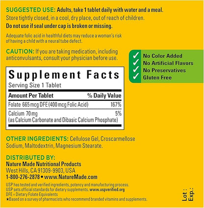 Nature Made Folic Acid 400 mcg (665 mcg DFE), Dietary Supplement for Nervous System Function, 250 Tablets, 250 Day Supply