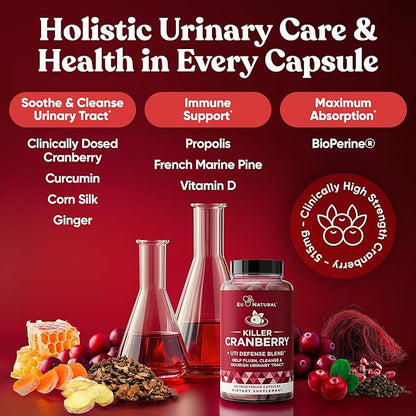 9-In-1 Killer Cranberry Pills for Women – UTI Defense Blend with Clinically Studied Ingredients – 9 Extract Urinary Tract Supplement – Pine Bark, Propolis, Vitamin D & More – 60 Fast-Acting Capsules